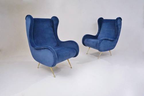 Marco Zanuso pair armchairs 1950`s style in new velvet upholstery, Italian